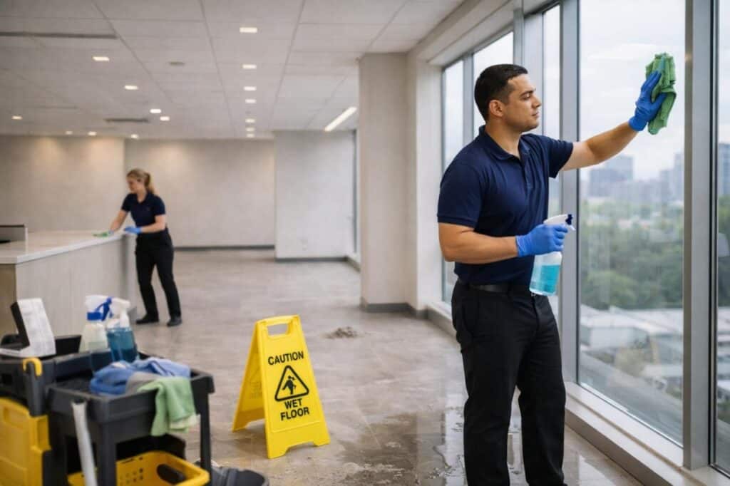 Post-construction cleaning Santa Barbara - crew wiping windows and counters in a newly finished office